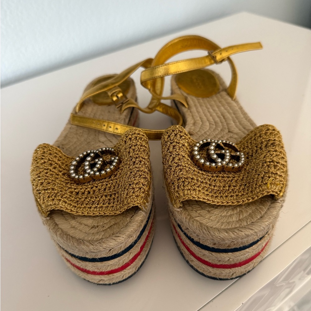 Gucci Gold Espadrille Platform Sandals